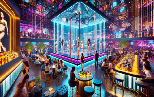 a more modern style strip club, busy, dancers on stage, colourful