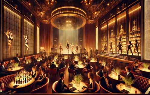 a busy stage and cabaret style VIP gentlemen's club on a busy night