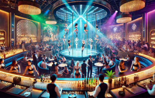 a packed out upmarket modern strip club on a busy night